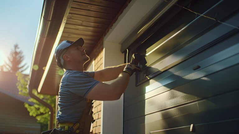 Man Working as Home Contractor Installing Garage Doors